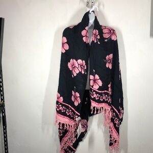 NWT Bali Collection black pink floral fringe swim cover up wrap